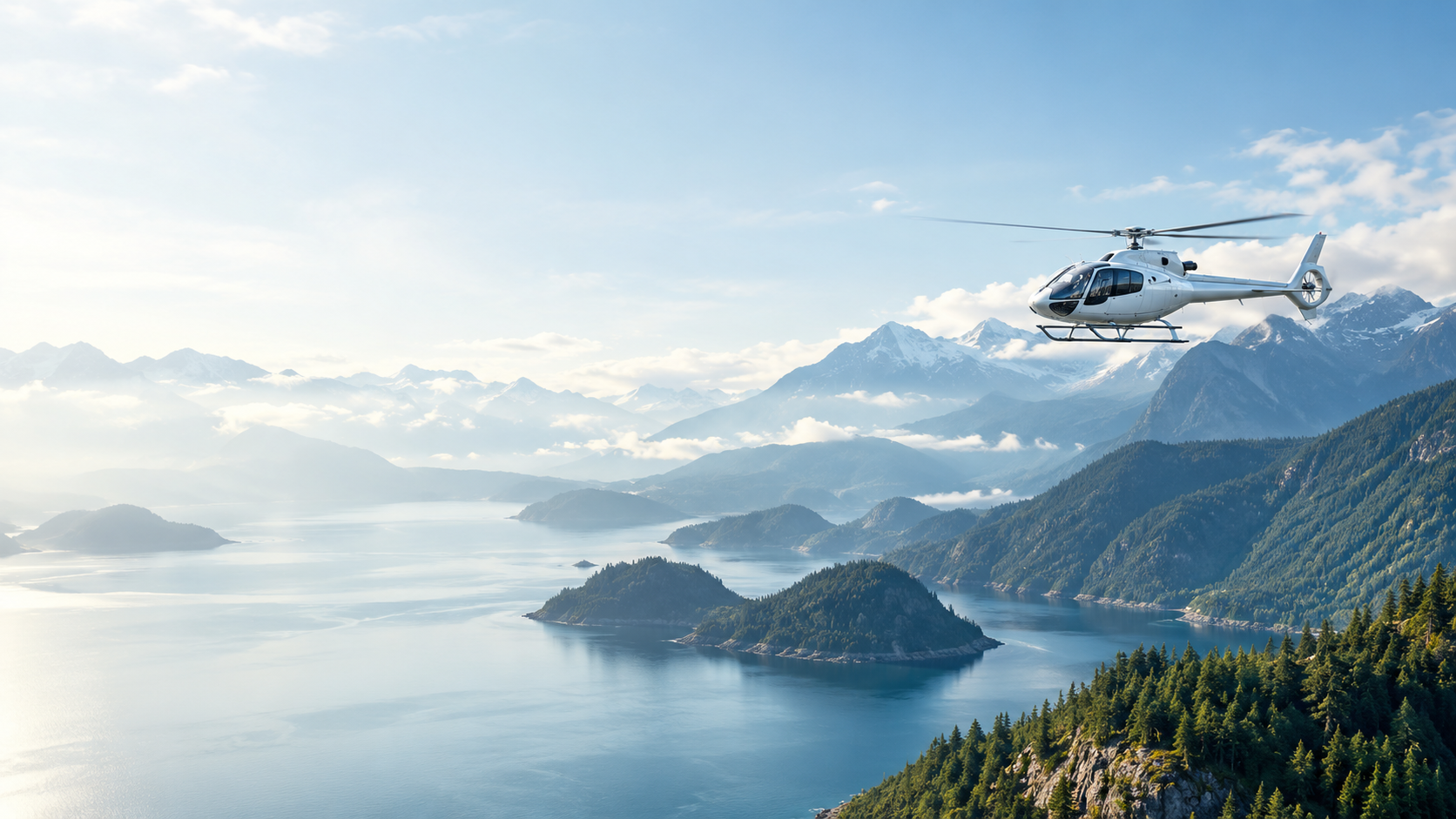 Helicopter above a Canadian mountain lake